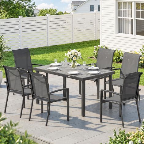 7-teiliges Gartenmöbelset bestehend aus einem zweiteiligen Gartentisch und 6 stapelbaren Stühlen in Textline, Grau (1/5)