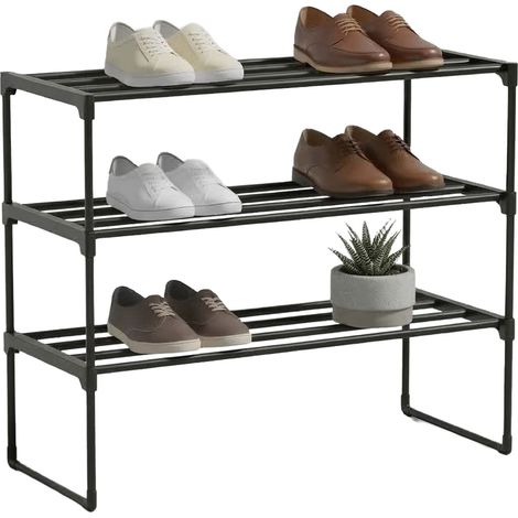 Relaxdays Schuhregal, 3 Ebenen, Stecksystem, HBT: 55x68x30 cm, Metall Schuhablage, platzsparend, Schuhgestell, schwarz