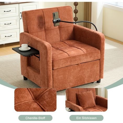 Fauteuil convertible 2-en-1 canapé-lit 1 place avec coussins, poches latérales, petite table & sac de rangement – chenille orange (1/4)