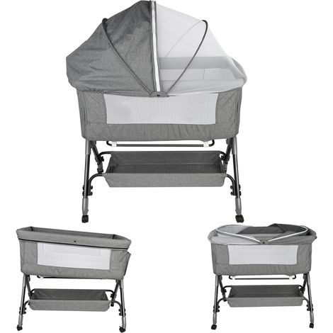 Cuna colecho plegable, lateral abatible, altura ajustable, ventana de malla, cesta de almacenamiento con ruedas - Gris