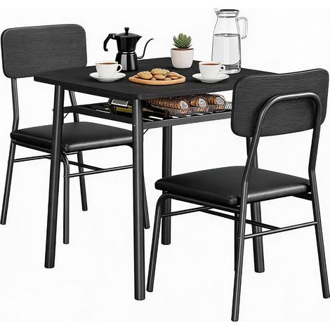 Ensemble repas 3 pièces noir carré pour 2 convives, table étagère rangement cadre métal 2 chaises rembourrées gain de place coin petit‑déjeuner cuisine appartement (1/5)