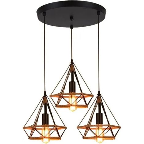 U-DO Suspension Plafonnier forme Diamant Lustre Abat-jour en Fer 3 Lumières Lampe pour Couloir Salle à Manger (1/4)