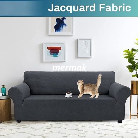 Copridivano elasticizzato a 3 posti con braccioli, antiscivolo, impermeabile, per divani da 190 a 230 cm, grigio. (1/4)
