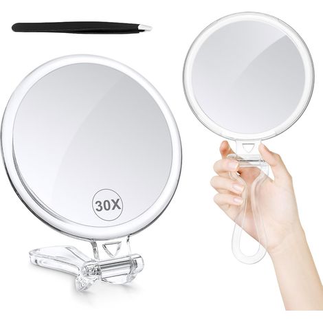 Miroir à main double face 1X/30X avec poignée, pour épilation des sourcils, maquillage ou usage en voyage (1/5)