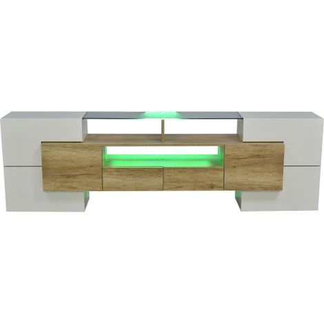 Meuble TV moderne 200 cm blanc brillant LED avec plateau en verre