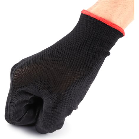 Gants de travail de sécurité en nylon noir avec revêtement PU sur la paume et bande rouge (M) (1/5)