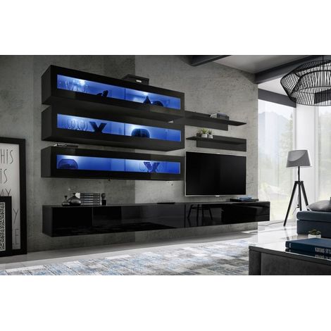 Ensemble mural - FLY J - 3 rangements LED - 2 meubles TV - 2 étagères - Noir - Modèle 1 - Livraison gratuite