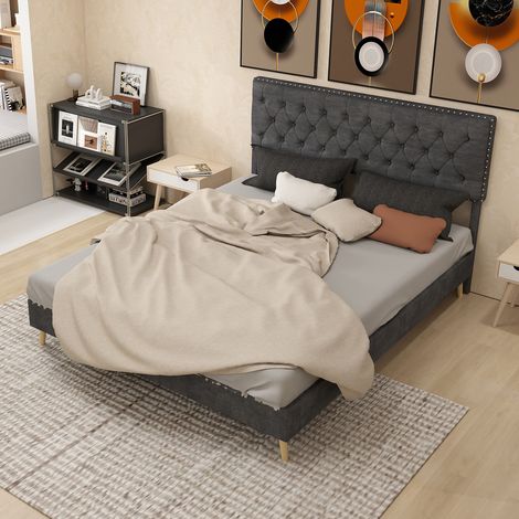REDOM Lit coffre 160x200 cm velours hollandais tête rembourrée tissu et métal construction solide gris (Sans matelas) (1/5)