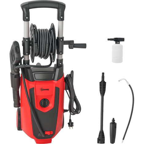 Outsunny hidrolimpiadora de alta presión 1800W, caudal 420 L/h, con bomba de aluminio, parada automática, presión de 150 bar, botella de espuma