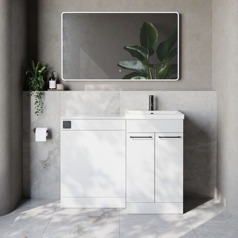 Napoli 390 Cento Gloss White 1100mm 2 Door Vanity Unit Toilet Suite with Glide Basin - 1100mm - Matt Black 160mm HandleWithout Kingston Toilet Pan