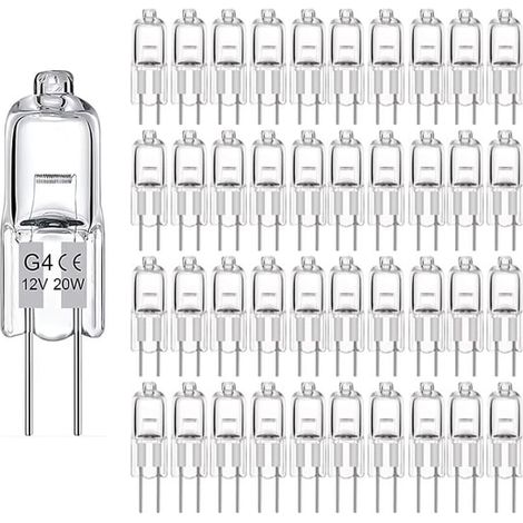 Set di 50 lampadine alogene G4 20W 12V – 300 Lumen – Dimmerabili – Temperatura colore 2800K – Durata fino a 3000 ore – Lampada a spillo – Capsula trasparente per illuminazione commerciale e domestica
