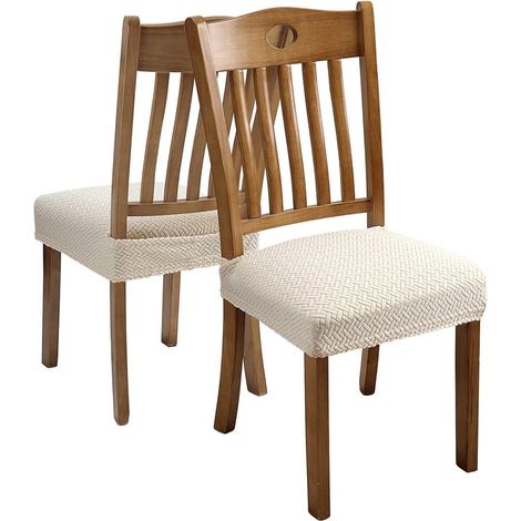Set aus vier elastischen Jacquard-Stuhlhussen, abnehmbar und waschbar (mit Rückengurten), beige.