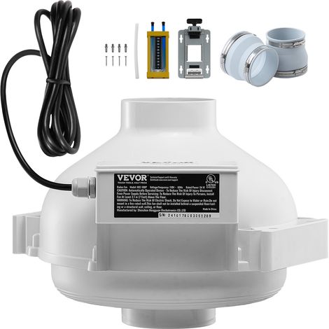 VEVOR Kit Ventilateur deAttenuation de Radon, 98-114 mm, Ventilateur de Conduit en Ligne Etanche Silencieux 190 CFM avec 2 Coupleurs, Indicateur de Pression, pour Ventilation Interieure et Exterieure