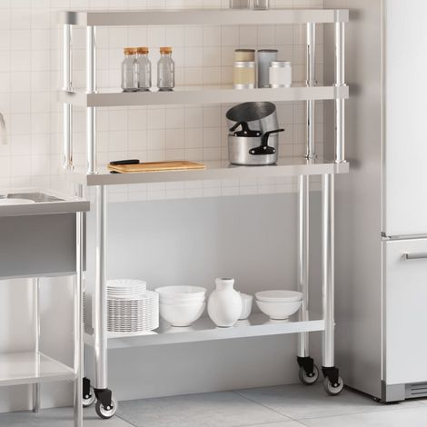 Table de travail de cuisine avec étagère-Plan de travail de cuisine-Îlot de cuisine 110x30x150 cm inox 477609 (1/5)