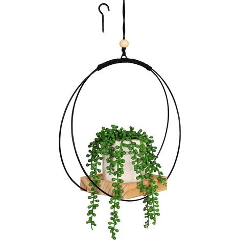 Cesto portavaso sospeso con struttura in legno e vasi da fiori - Altezza 107 cm - Sospeso - Supporto per vasi da fiori - Supporto decorativo per piante - Ganci inclusi (1/5)