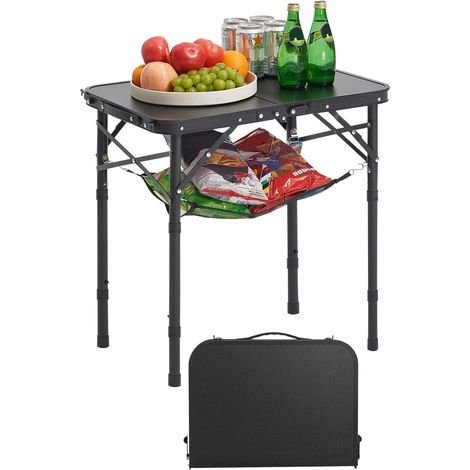 Table de Camping Pliante 60x40 cm, Table d'Appoint Portable Légère et Compacte, en Aluminium MDF, Hauteur Réglable, avec Couche en Maille et Poignée de Transport, pour Pique-Nique, Noir (1/5)
