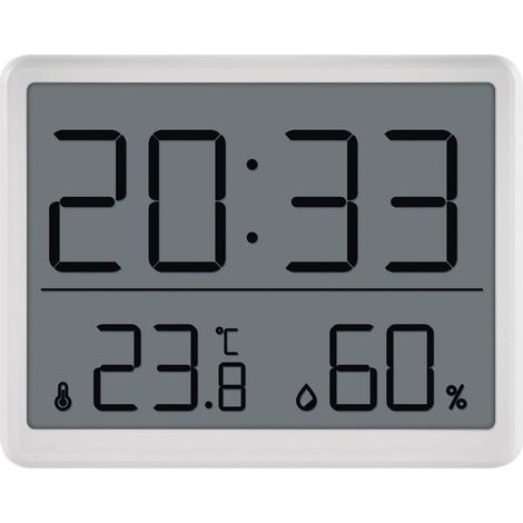 Thermomètre d'ambiance numérique et hygromètre avec horloge à poser/suspendre/support magnétique - Écran LCD avec affichage des valeurs minimales et maximales, date, réveil - Batterie incluse (1/5)