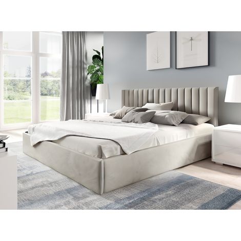 Sofello Polsterbett nach Maß 200x200 Metall-Lattenrost Beige Velour Samtstoff Velvett mit Bettkasten und Stauraum (1/5)