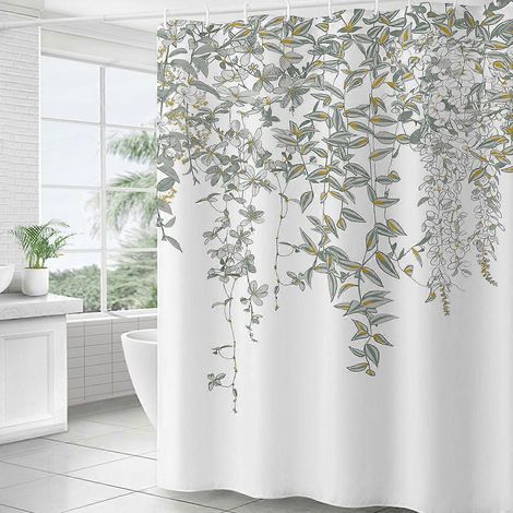 Rideau de douche à motif eucalyptus vert, motif floral aquarelle rose, décoration de salle de bain, 180 x 91 cm, avec crochets (1/5)