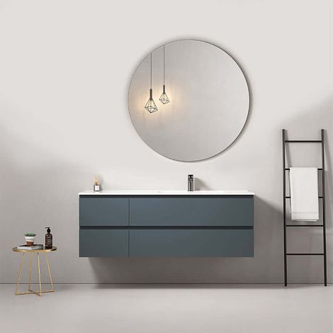 Mobile bagno sospeso 140 cm Blu Mare Lavabo a Destra in Resina Specchio Tondo - Fiji Paint (1/4)