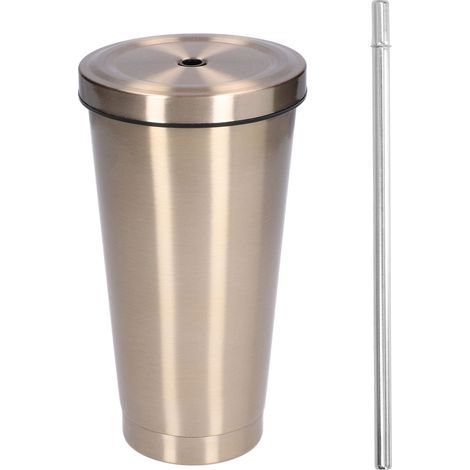 Bouteille d'eau portable en acier inoxydable pour la plage et les voyages, avec couvercle et paille, idéale pour le café, le vin et autres boissons, 500 ml, or rose. (1/4)