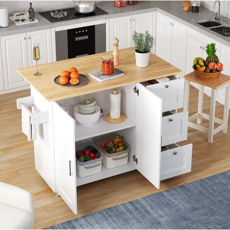 Îlot de cuisine 135/44(70)/90 cm blanc naturel, pliable avec 3 tiroirs et roulettes (1/5)