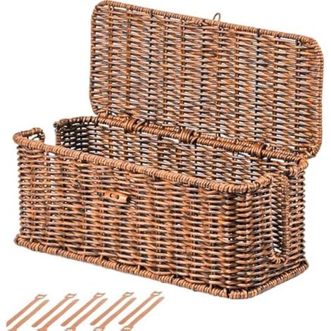 Boîte de rangement en rotin pour câbles de bureau, cache-câbles, protection bébé pour multiprise, TV, PC, routeur, chargeur, rangement sous bureau avec couvercle verrouillable et attaches (1/5)