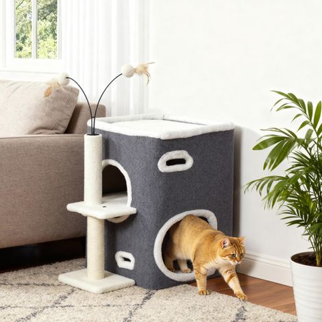 Arbre à chat PawHut, plateforme supérieure, maison à 2 étages, poteaux en sisal, gris