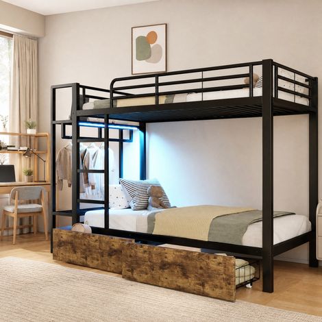 Etagenbett 90x200 cm schwarz aus Metall und MDF mit LED-Lichtleiste, Schubladen, Regalen und Kleiderstange (1/5)