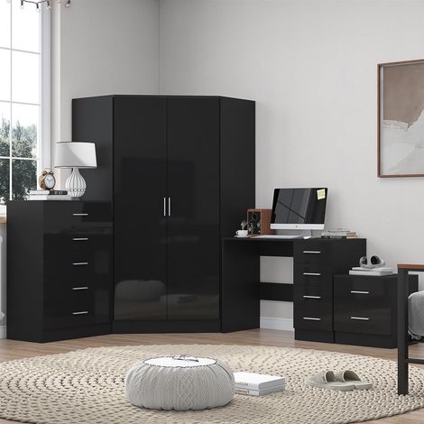 Reflect 2 Door Corner Wardrobe, 5 Drawer Chest, 2 Drawer Bedside & Desk - Black Gloss & Black Oak - Bedroom Furniture Set