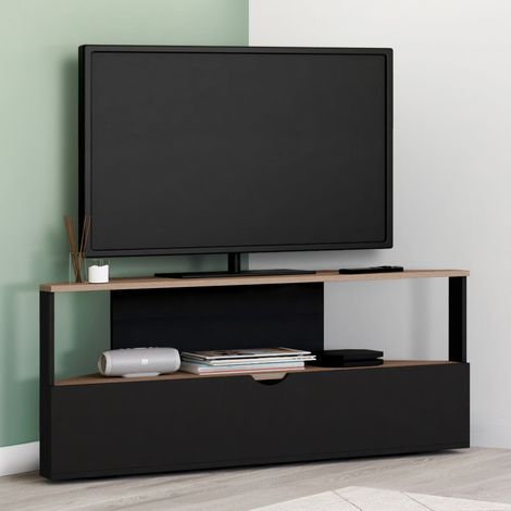 Mueble TV esquinero ELI 100 cm en madera efecto haya y negro
