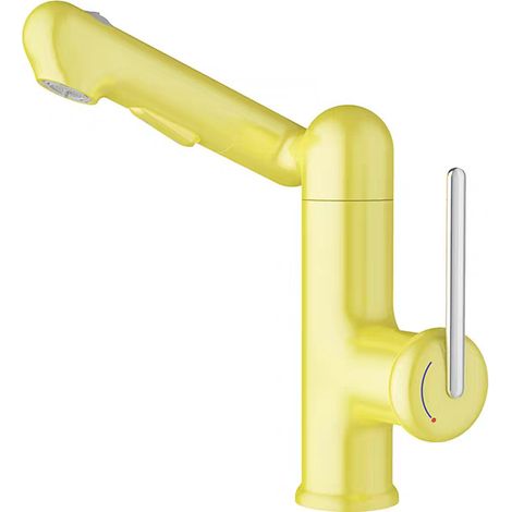 Grifo para lavabo de baño totalmente de cobre con manija elevable, diseño de baño moderno, amarillo (1/4)