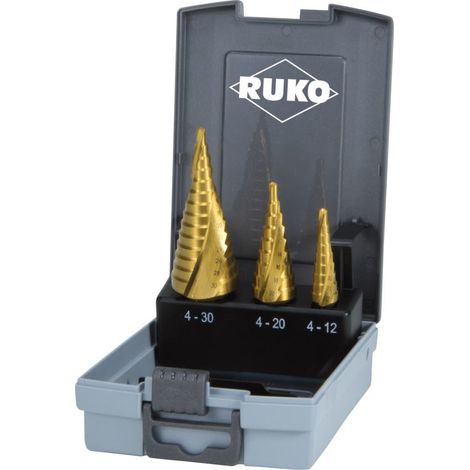 Set di punte a gradino RUKO HSS-TiN, scanalatura a spirale, misure 0/9 / 1 / 2, 3 pezzi, in cassetta di plastica - 101026TRO. (1/4)