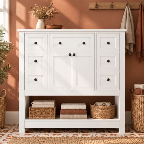Mobile bagno con lavabo in ceramica, 91,5 x 46,5 x 90 cm, bianco OKMYHOME (1/5)