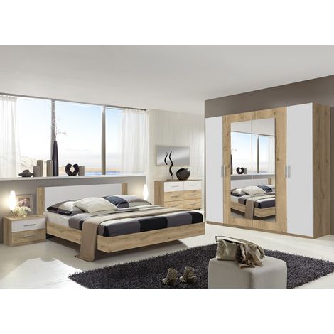 Chambre adulte imitation chêne poutre/blanc - Dim : 180 X 200 cm -PEGANE-