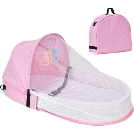de Lit voyage pour bébé berceau portable avec moustiquaire et jouets pliable adapté aux voyages en famille Rose (1/5)