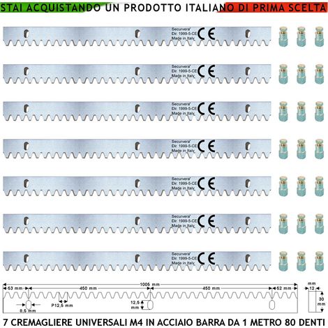 Aste Cremagliera Universale M4 Sette Barre da 1 MT Con 80 Denti in Acciaio Zincato 12X30 mm Portata 22 Q.li Max 30 Q.li Fissaggio Tre Bulloni Per Metro Ricambio Cancello Scorrevole Giunture Contatto (1/4)
