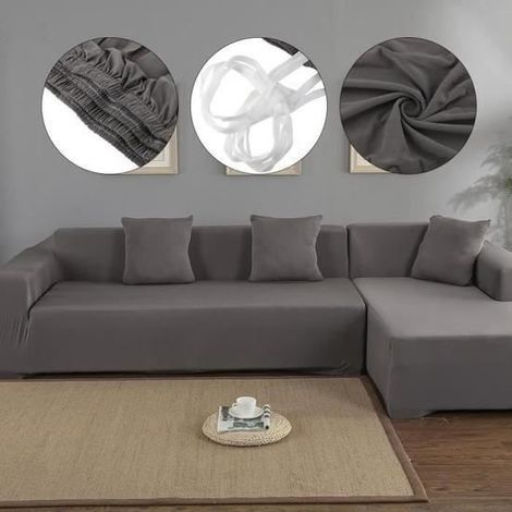 Housse de canapé de protection - ENSEMBLE CANAPES - 4+2 places en L - Polyester - Gris (1/4)