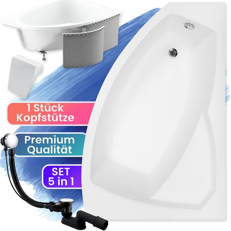 Badewanne Eckbadewanne 170x110 Rechts mit Styropor + Kopfstütze, Ablaufgarnitur & Füßen GRATIS - Komplettset 5in1 - Made in EU - BADLAND RIMA