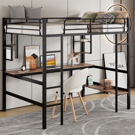 Letto a soppalco 90x200 cm, con scrivania, scala, 5 mensole, rete a doghe, struttura in metallo, barriera di sicurezza, letto per bambini – Nero