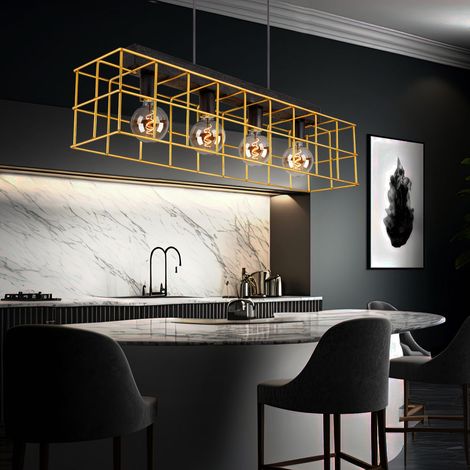 Pendelleuchte Hängelampe Holz Esstischleuchte 4-flammig Industrial Käfiglampe Gitter Gold, Metall, schwarz, 4x E27 Fassung, LxBxH 90x20x150 cm