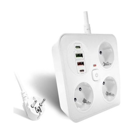 Multiprise 7 en 1 : Adaptateur pour prises allemandes (Ø 4,8 mm). Offre 3 prises secteur, 2 ports USB-A et 2 ports USB-C dans un (1/5)