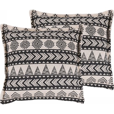 Conjunto de 2 cojines fundas de algodón beige y negro con relleno 45 x 45 cm patrón rústico decoración boho Hentepe