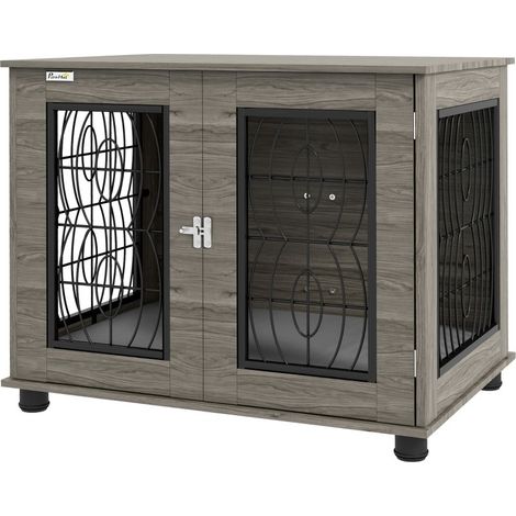 Cage pour chien avec coussin, métal et décor bois, 80 x 56 x 63 cm, gris (1/5)