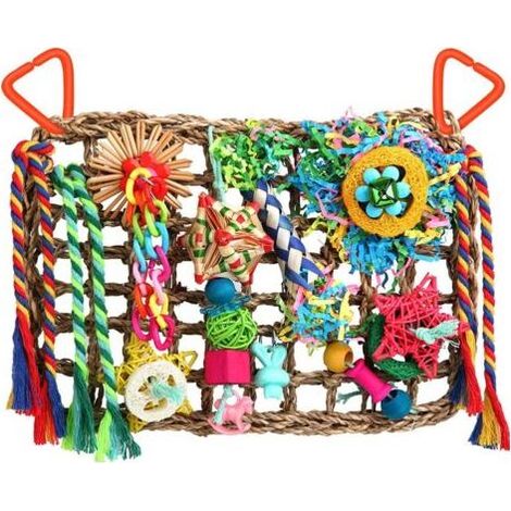 Jouets pour Perruches, Calopsittes, Conures, Inséparables - Accessoires de Recherche de Nourriture, Déchiquetage en Jonc de Mer - Mur avec Divers Jouets pour Oiseaux (1/5)