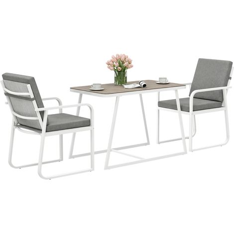 Set da Esterno 3 Pezzi con 2 Sedie con Braccioli e Cuscini e Tavolo con Piano in Vetro, Bianco