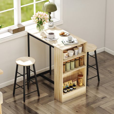 Conjunto de mesa de bar con taburetes, compartimentos abiertos, estante ajustable y reposapiés, roble y negro.