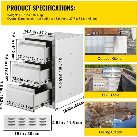 Mophorn Outdoor-Küchenschubladen 14,7"B x 25,4"H x 18,7"T, bündig montierte Grillschubladen mit Edelstahlgriff für die Grillstation auf der Terrasse