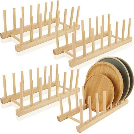 Lot de 4 supports d'assiettes en bambou,Égouttoir à vaisselle en bois, Support de couvercle de cuisine,Étagère pour casseroles, tasses, livres CD,7 fentes (1/5)