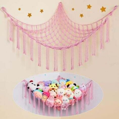 1 hamac de rangement pour jouets, hamac bohème pour jouets en peluche, support de rangement suspendu pour chambre d'enfant, rose (1/5)